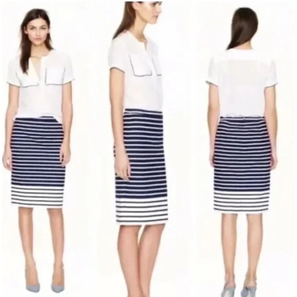 J.Crew Navy White Striped Cotton Pique Pencil Skirt A1843 Womens 0 Nautical